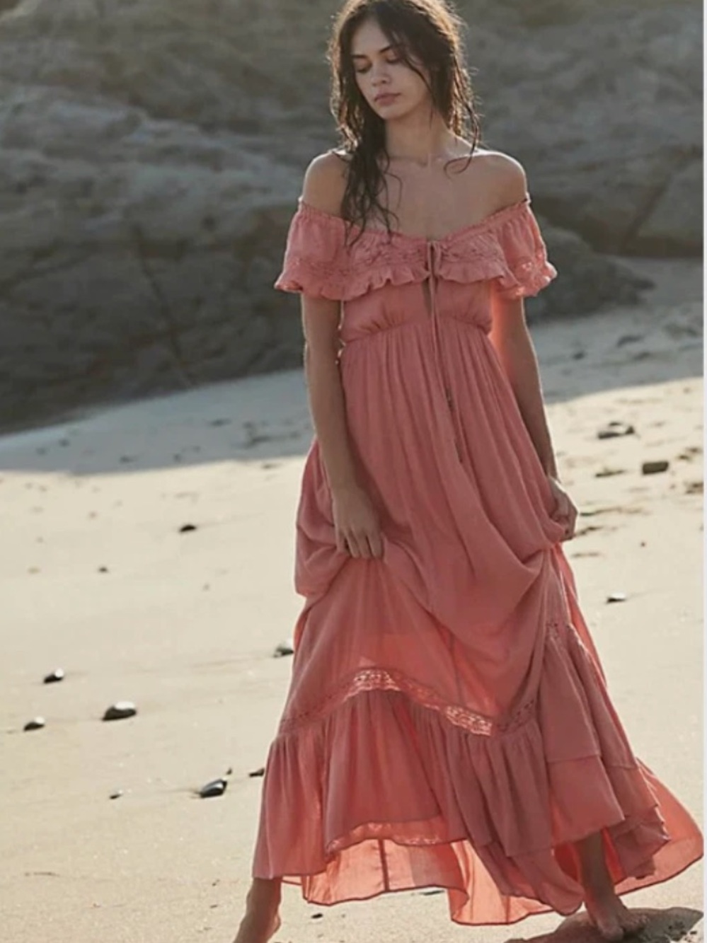Free People Moonlight Ocean Burnt Coral Off-Shoulder Maxi Dress